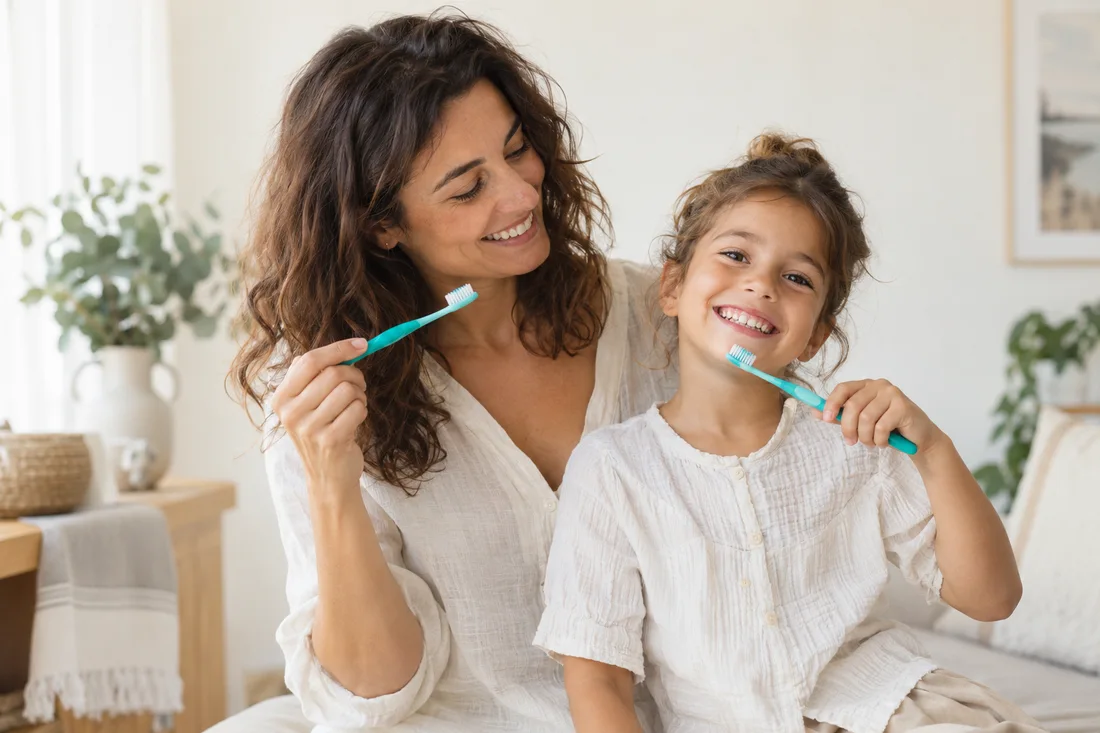 Una mamma e una bambina sorridono insieme con i loro spazzolini
